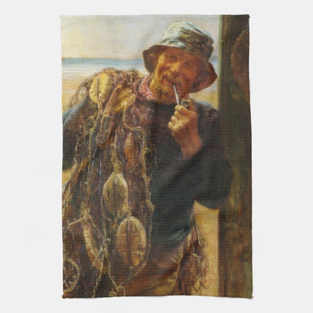 Jovial Fisherman (by Frederick Morgan) Tea Towel (Vertical)