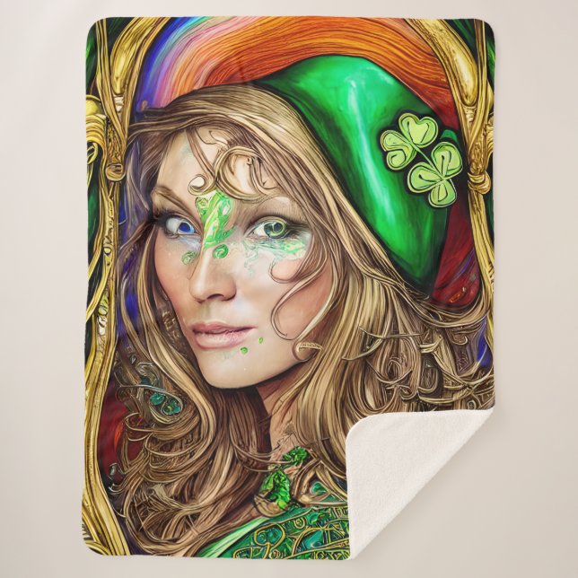 Jovial Jade Woman St. Patrick's Day Artwork Sherpa Blanket (Front)