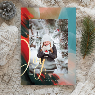 Joy Abstract Watercolor Paint Brush Stroke Photo Holiday Card