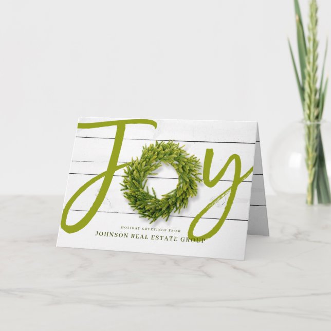 Joy and Foliage Wreath on Wood | Holiday Greetings Card (Front)