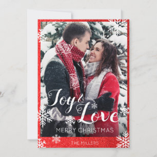 Joy and Love Red Glitter Snowflakes Christmas Card