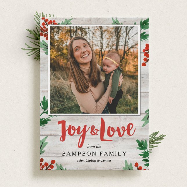 Joy and Love Rustic Botanical Holiday Photo Card (Creator Uploaded)