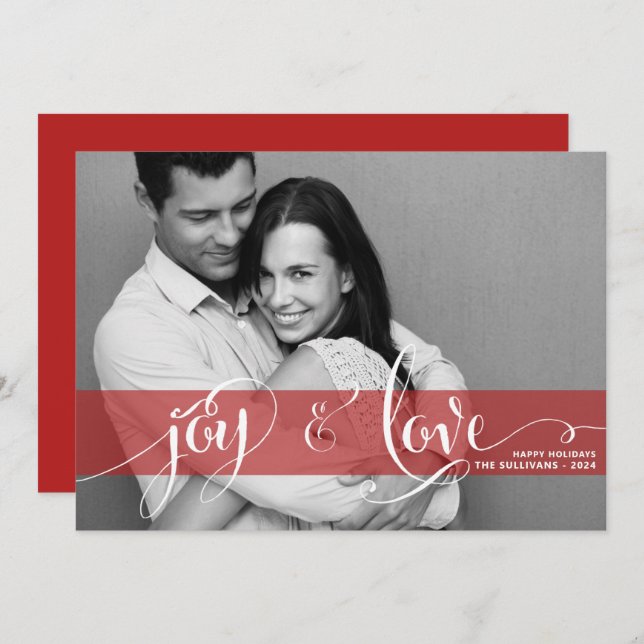 Joy and Love Rustic Script Red Chistmas Photo Holiday Card (Front/Back)