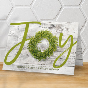 Joy and Pine on White Wood   Holiday Greetings Card