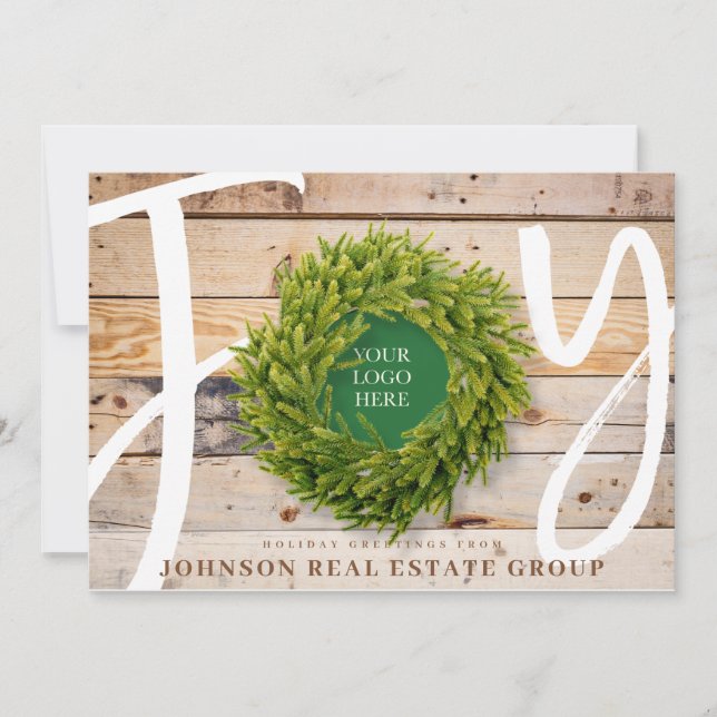 Joy and Pine Wood with Logo Business Holiday Card (Front)