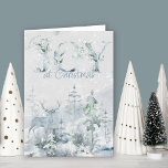 Joy at Christmas Watercolor Winter Woodland Holiday Card<br><div class="desc">Joy at Christmas,  personalised watercolor holiday card with snowy winter forest and stag in soft shades of blue and green. Wording reads "wishing you joy at Christmas" and you can personalise the greeting inside. Subtle and elegant watercolor design with decorative typography.</div>