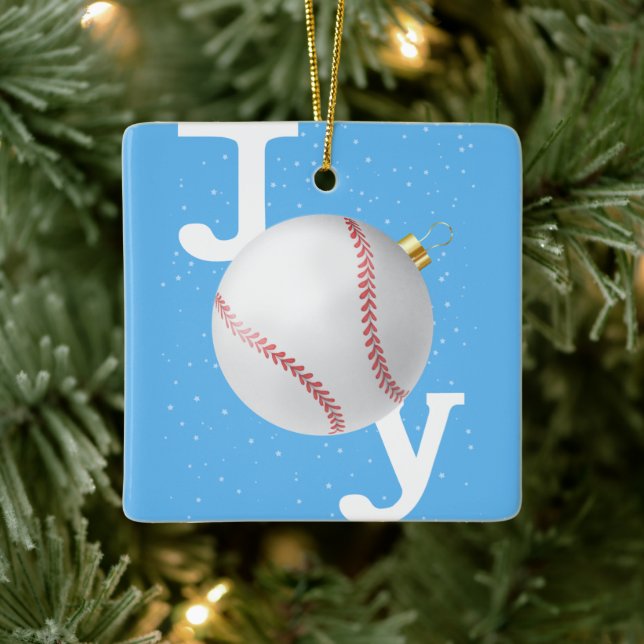 Joy bauble baseball sky blue Christmas Holiday Ceramic Ornament (Tree)