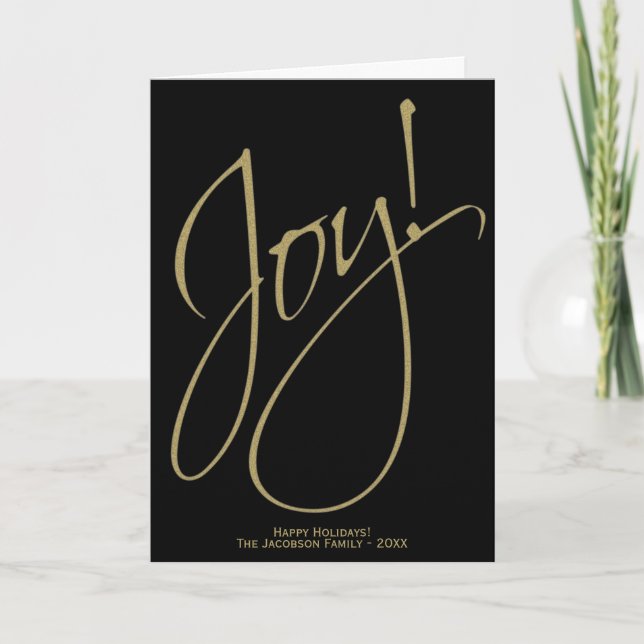 Joy! Black & Gold Elegant Minimal Photo Christmas Card (Front)