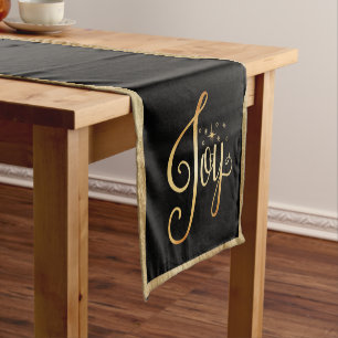 “Joy” Black Gold Script Elegant Christmas Holiday Short Table Runner