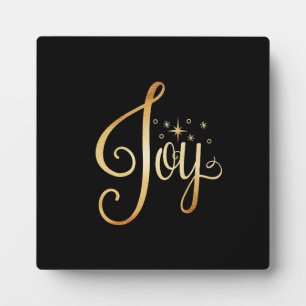 “Joy” Black Gold Script Elegant Holiday Plaque