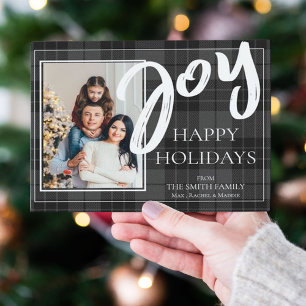 Joy Black Plaid Tartan Photo Happy Holidays Holiday Postcard