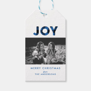 Joy Blue Buffalo Plaid Christmas Photo Gift Tag