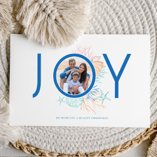 Joy Blue Coastal Christmas Beach Seashell Photo Holiday Card