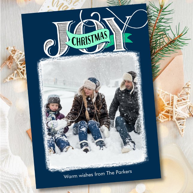 JOY Blue Modern Bold Script Simple Photo Christmas Holiday Card (Creator Uploaded)