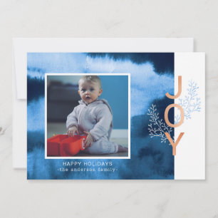 Joy Blue Watercolor Wash Holiday Photo Card