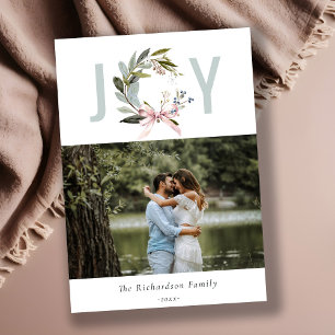 Joy Blush Blue Green Winter Christmas Wreath Photo Holiday Card