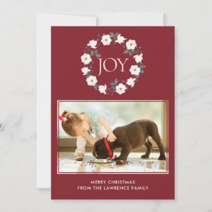 Joy Blush Burgundy Floral Wreath Christmas Photo Holiday Card