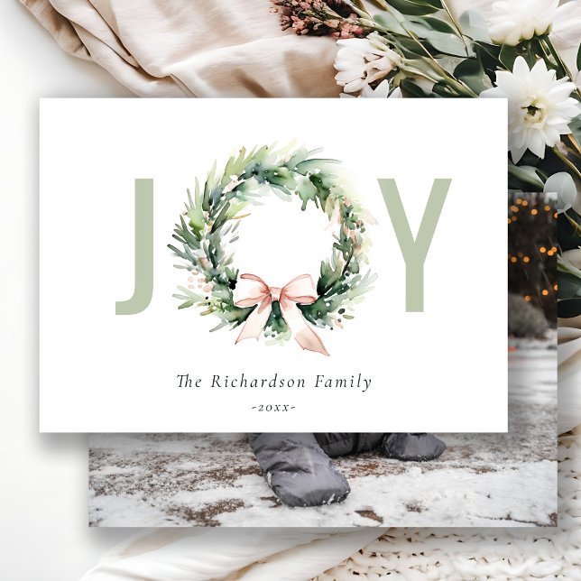 Joy Blush Green Christmas Wreath Photo Holiday Card (Creator Uploaded)