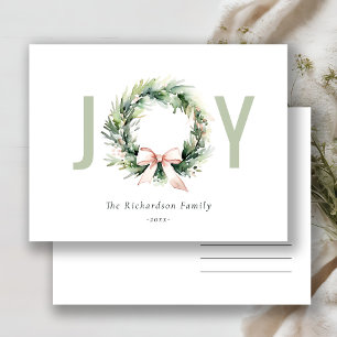 Joy Blush Green Christmas Wreath Watercolor Holiday Postcard