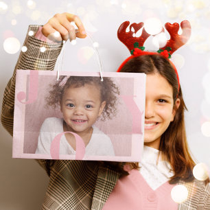 JOY Blush Pink Modern Christmas   Personalised Large Gift Bag