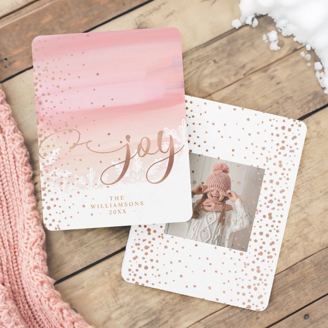 Joy | Blush Watercolor Ombre Wash Snowflakes Photo Holiday Card (Joy | Blush Watercolor Ombre Wash Snowflakes Photo Holiday Card)