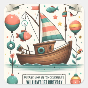 joy boat cute boy Fish ofishally one 1st Birthday Square Sticker
