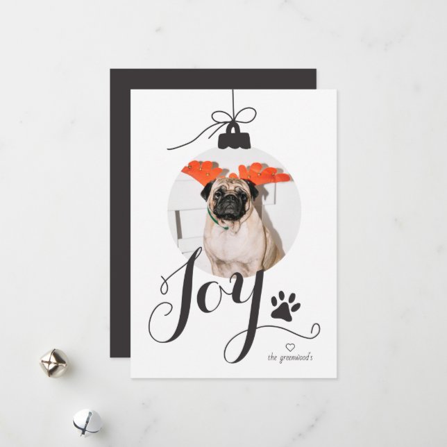 Joy Boho Pet Photo Ornament Holiday Card (Front/Back In Situ)