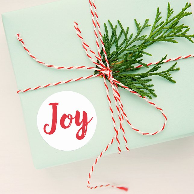 Joy Bold Red Brushed Lettering White Classic Round Sticker (Creator Uploaded)