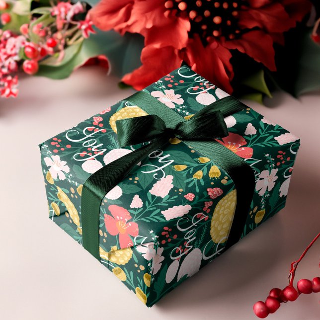 Joy Botanical Floral Festive Garden Pattern Green Wrapping Paper (Joy Botanical Floral Festive Garden Pattern Green Wrapping Paper)