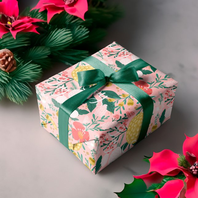 Joy Botanical Floral Festive Garden Pattern Pink Wrapping Paper (Joy Botanical Floral Festive Garden Pattern Pink Wrapping Paper)
