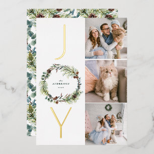 JOY Botanical Pine Wreath Photo Collage Christmas  Foil Holiday Card