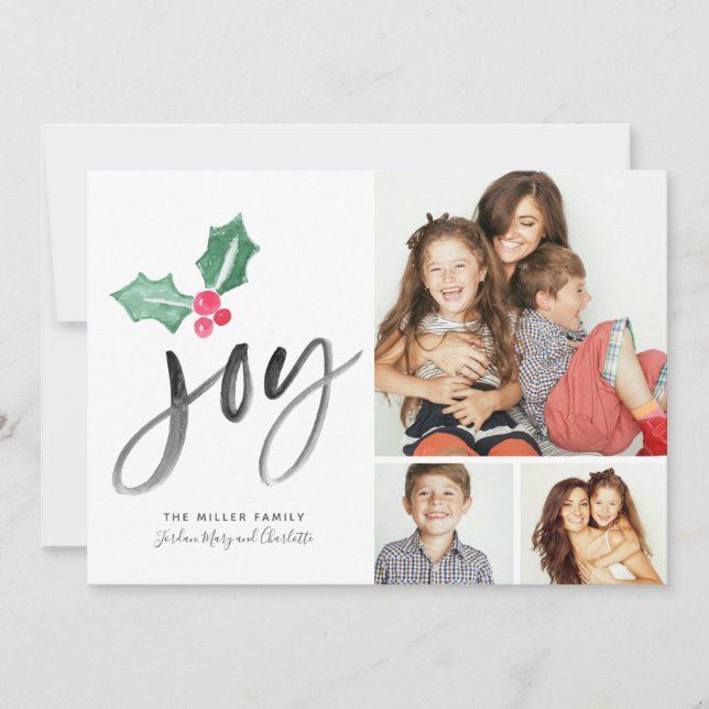 Joy Brush Script Holiday | Christmas 3-Photo Card (Front)