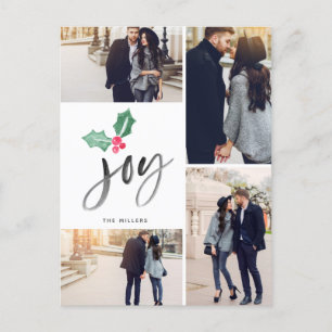 Joy Brush Script Holiday Christmas 4-Photo Announcement Postcard