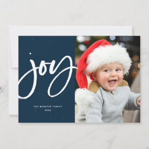 Joy brush script modern navy one-photo Christmas Holiday Card