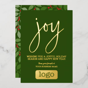 Joy Business Christmas Greeting Green Leaves Gold Foil Holiday Card