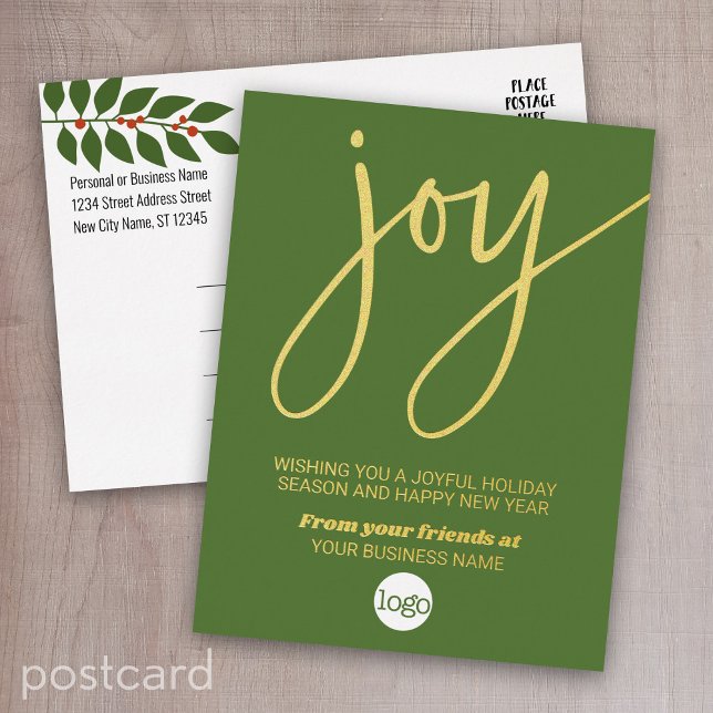 Joy Business Christmas Greeting Green Leaves Gold Foil Holiday Postcard (Foil postcard for a holiday greeting)