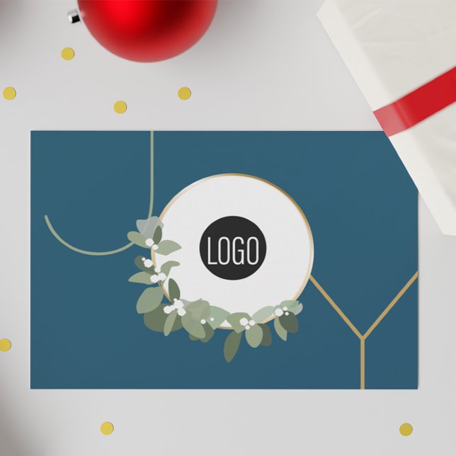 Joy Business Logo Happy Holidays Blue Custom Holiday Card (Joy Blue Corporate logo holiday card.)