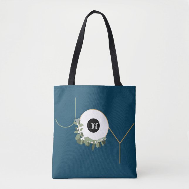 Joy Business Logo Happy Holidays Blue Custom Tote Bag (Front)