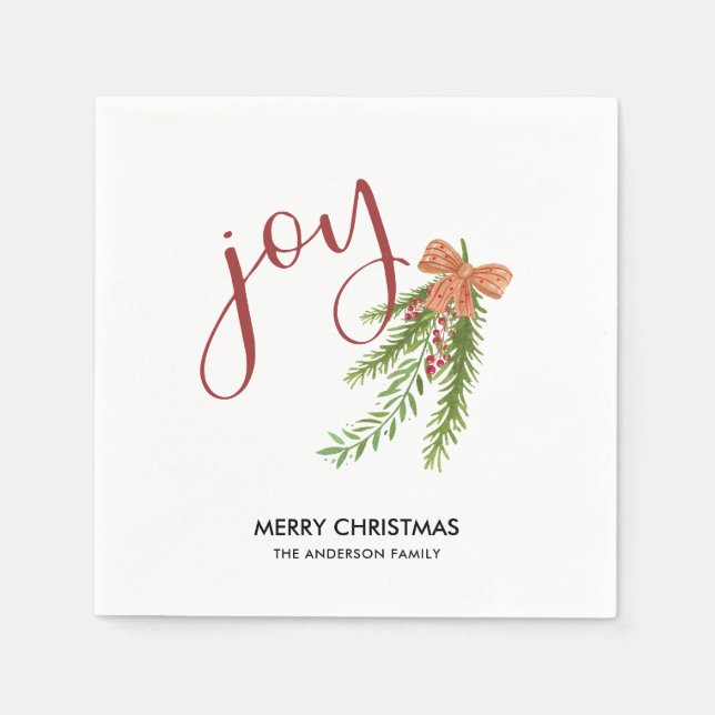 Joy Calligraphy I Watercolor Christmas Greens Napkin (Front)