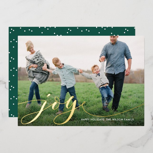 Joy Calligraphy Script Photo Foil Holiday Card (Front/Back)