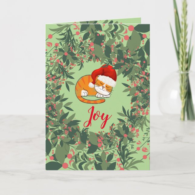 Joy Cat Holidays Wreath Leaves Pink Green Red Card (Front)