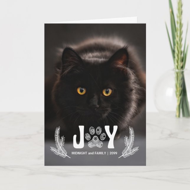 Joy Cat Paw Print and Pines Pet Lover Holiday Card (Front)