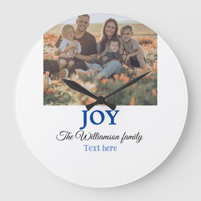 Joy christmas add family name photo holiday giftts large clock (Front)