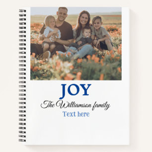 Joy christmas add family name photo holiday giftts notebook