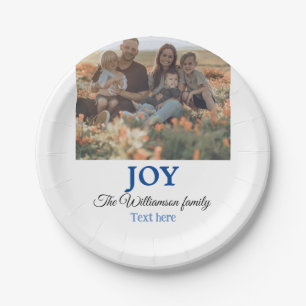 Joy christmas add family name photo holiday giftts paper plate
