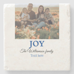 Joy christmas add family name photo holiday giftts stone coaster