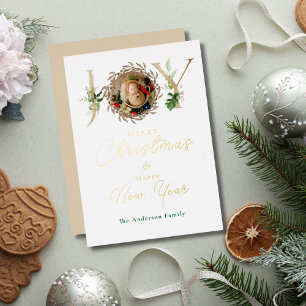 JOY Christmas Baby Photo Tropical Alphabet Foil Holiday Card