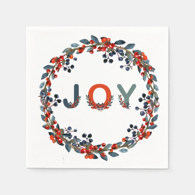Joy Christmas Berries Wreath Holiday Party Napkin (Front)