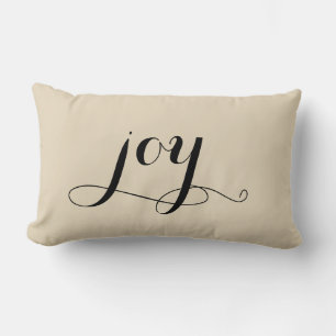 Joy Christmas Black Script Beige Holiday Lumbar Cushion