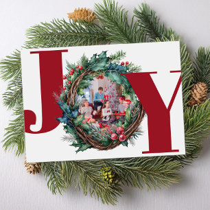 Joy Christmas Botanical Wreath Frame Photo Holiday Card